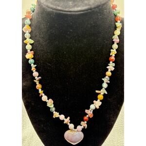 Heart Necklace Handmade Multi Nugget Chip Gemstone 9 inch